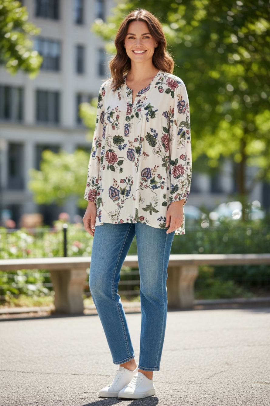 LOFT Outlet Long Sleeve Floral Print Button-Front Tunic Blouse